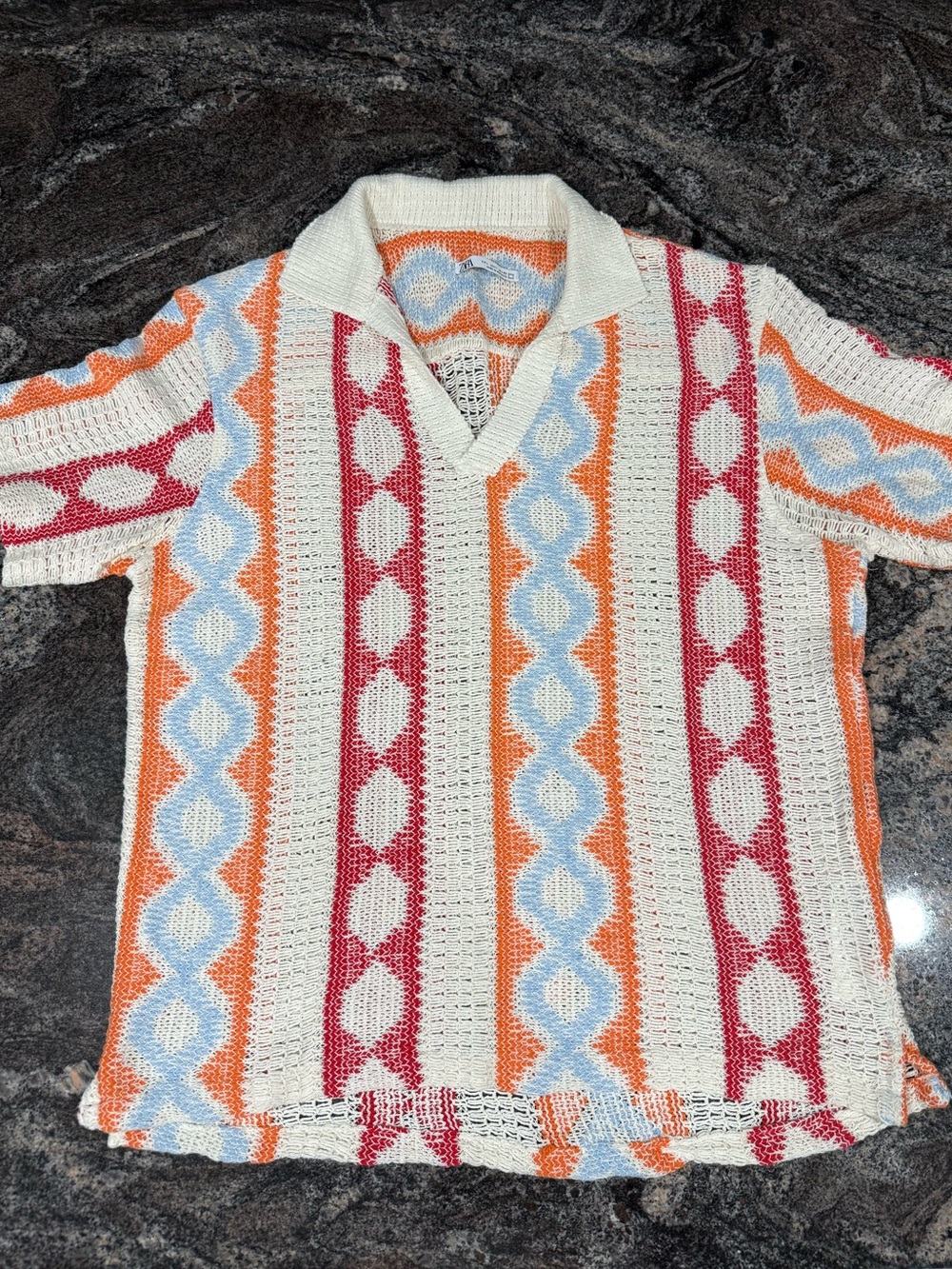 Zara Cream Knit Polo Top with Orange, Pink & Light Blue Stripes